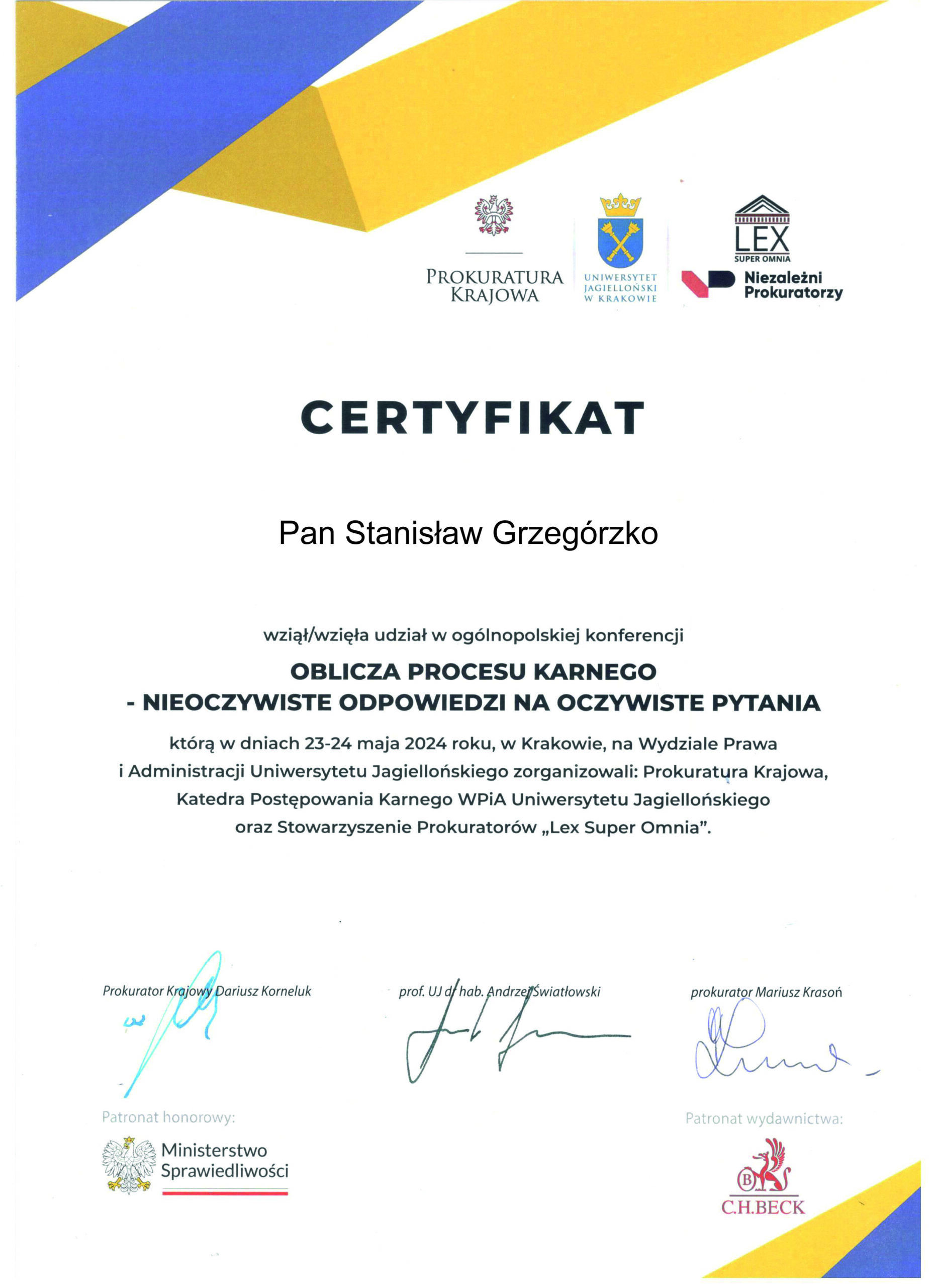 Certyfikat udziału w konferencji naukowej Kraków 2024